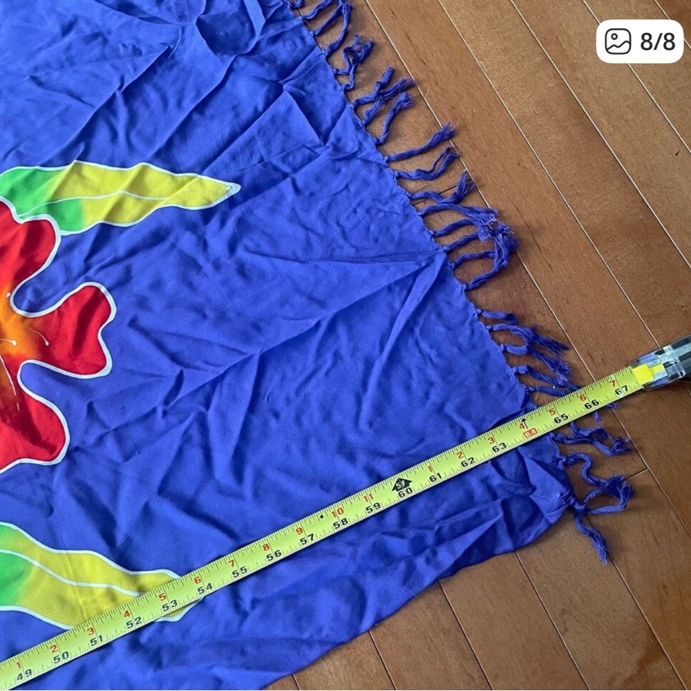 Vintage Bright Color Tropical Flowers Purple Sarong Scarf w/ Tassels - Picture 8 of 8